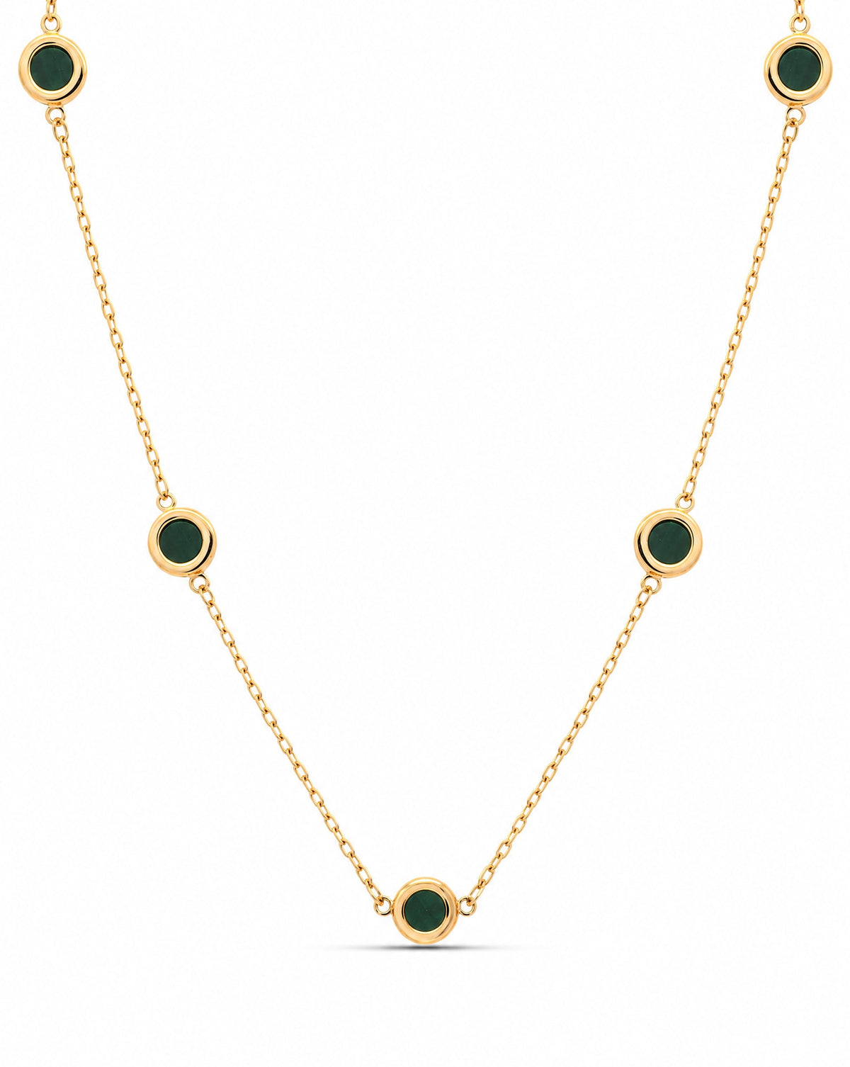 14K Yellow Gold Bezel Green Malachite Station Necklace
