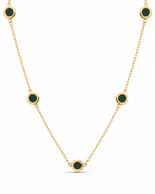 14K Yellow Gold Bezel Green Malachite Station Necklace