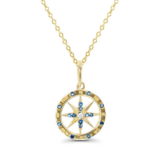 14K Yellow Gold Compass Blue CZ Necklace