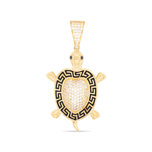 14K Yellow Gold Black Greek Pattern Turtle Pendant