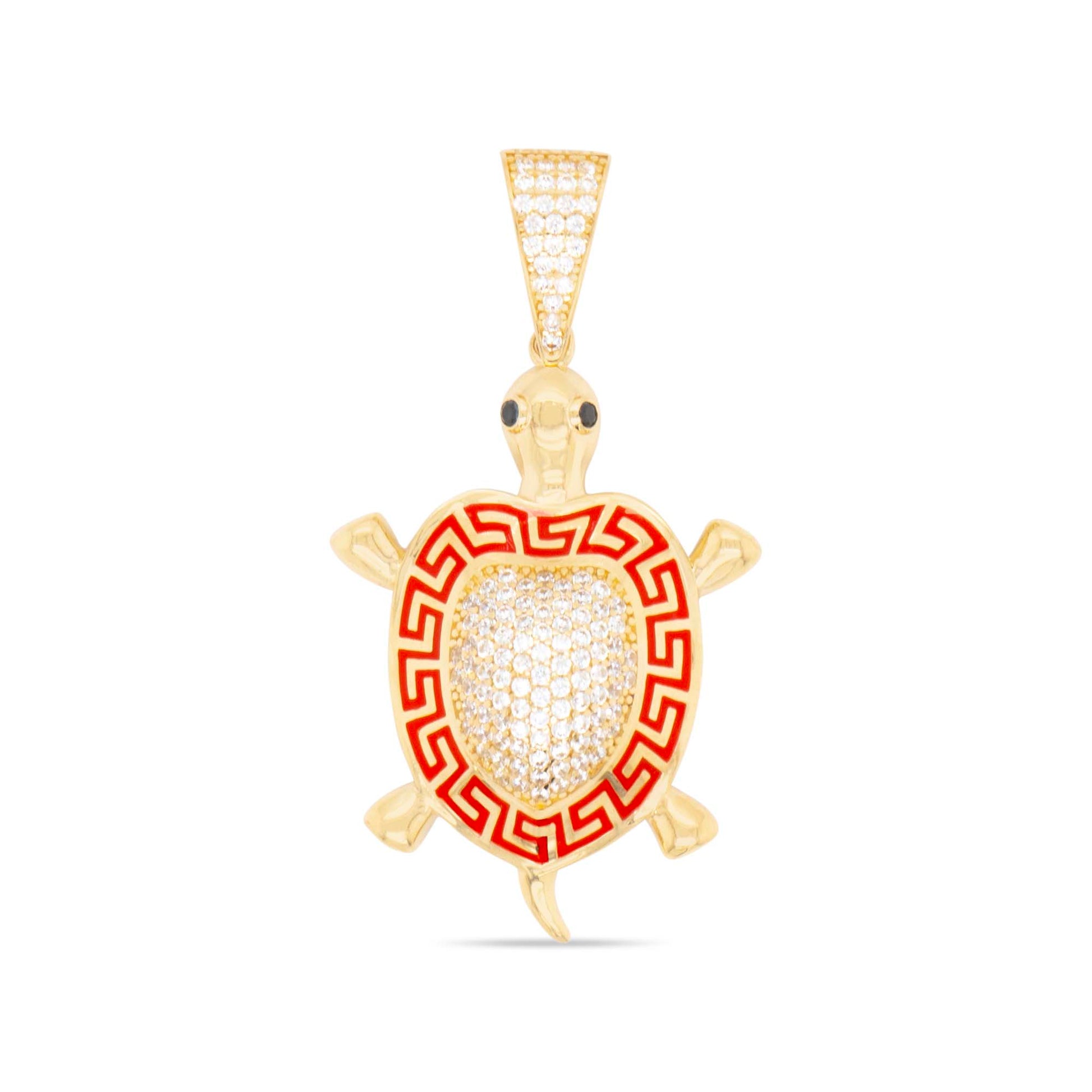 14K Yellow Gold Red Greek Pattern Turtle Pendant