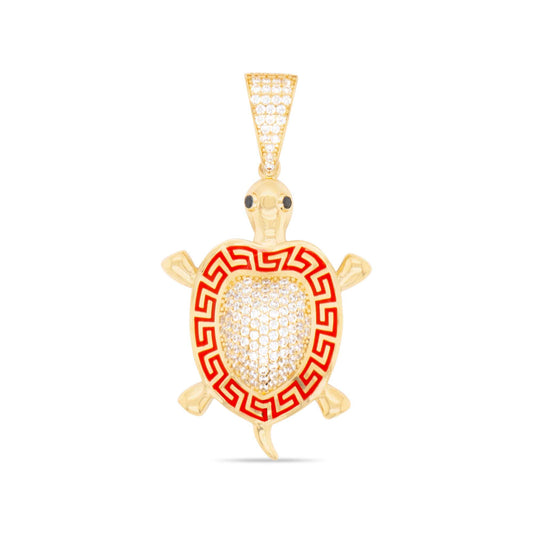 14K Yellow Gold Red Greek Pattern Turtle Pendant