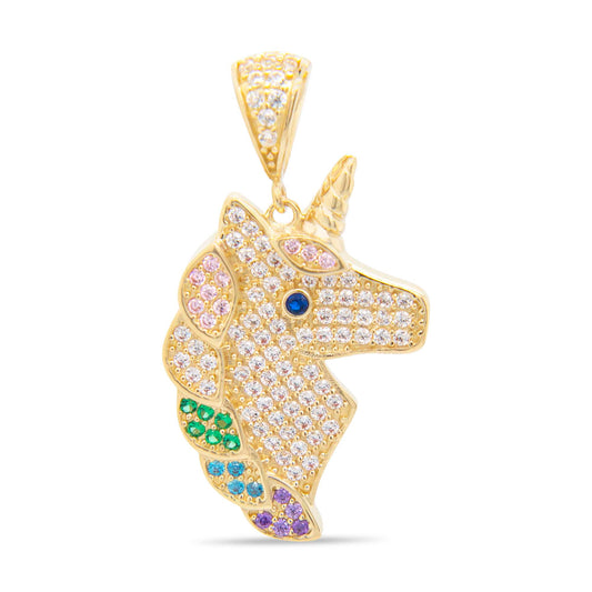 14K Yellow Gold CZ Multicolor Unicorn Head Pendant
