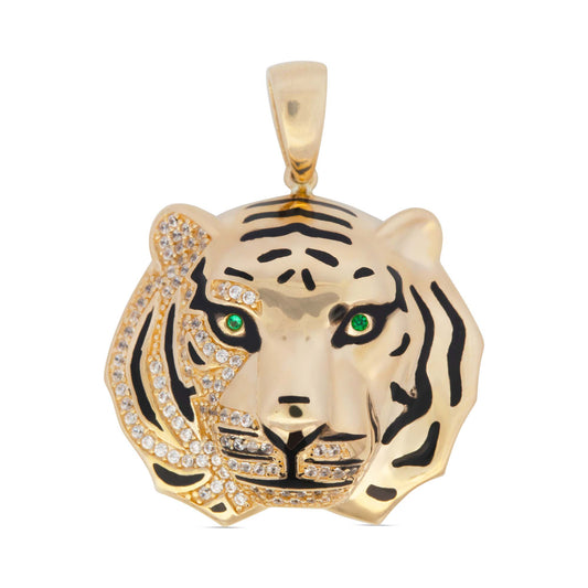 14K Yellow Gold Green Eyes Tiger Face Pendant