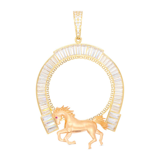 14K Tri-Color Gold Horseshoe Horse Baguette CZ Picture Men's Pendant