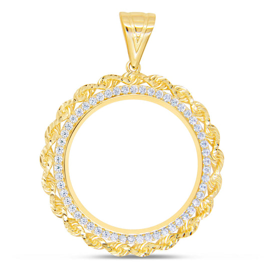 14K Yellow Gold Round Coin Bezel Twisted Rope CZ Men's Pendant
