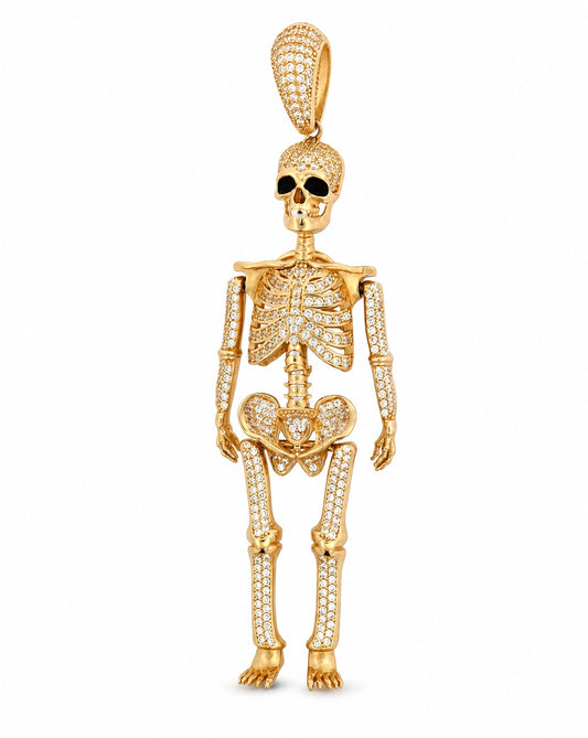 14K Yellow Gold CZ Skeleton with Enamel Black Eye Men's Pendant