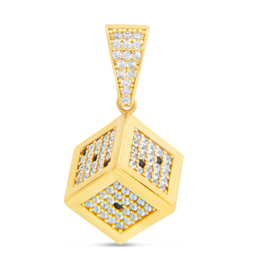 14K Yellow Gold 3D Dice with White and Black CZ Men's Pendant
