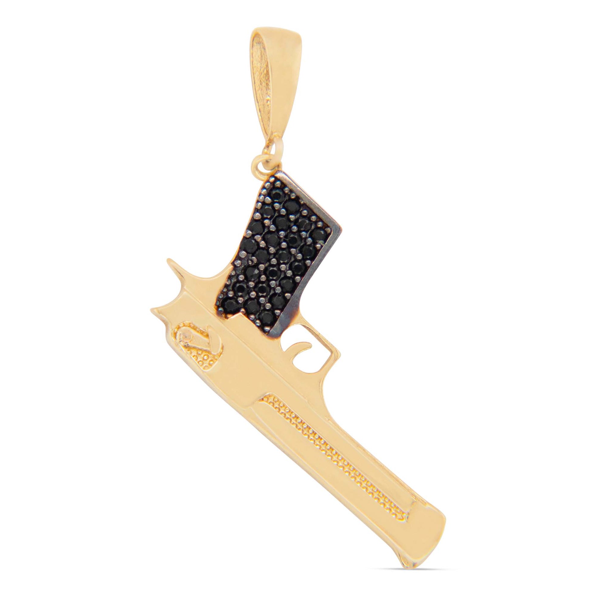 14K Yellow Gold Dangling Gun with Black CZ Men's Pendant-1