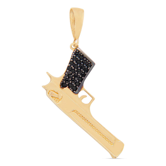 14K Yellow Gold Dangling Gun with Black CZ Men's Pendant-1