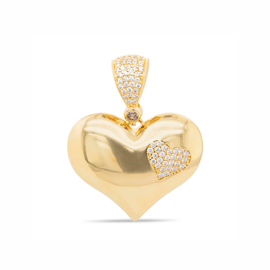 14k Yellow Gold Puffy Heart with Small CZ Heart Pendant