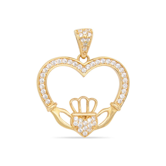 14k Yellow Gold CZ Open Heart with Hands Pendant