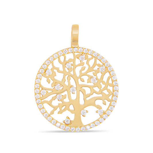 14k Yellow Gold White CZ Tree of Life Pendant