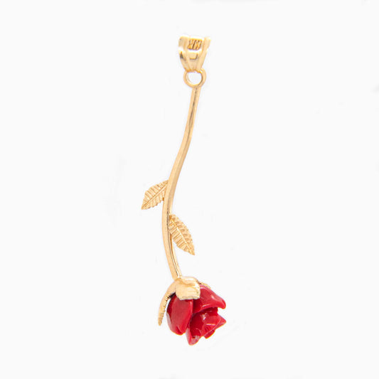 14k Yellow Gold Dangle Red Rose Pendant