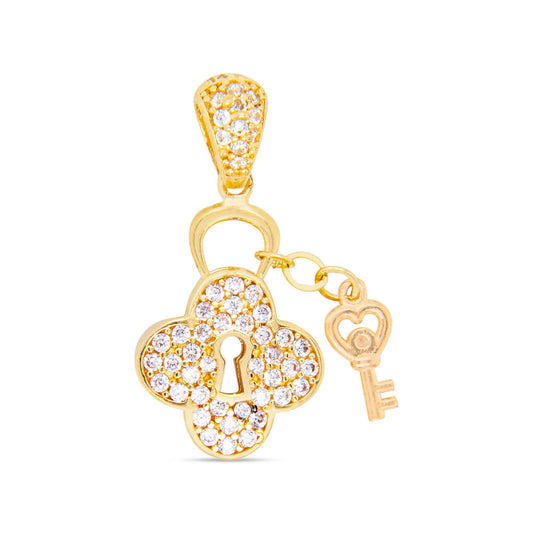 14k 2 Tones Gold Clover and Key Pendant