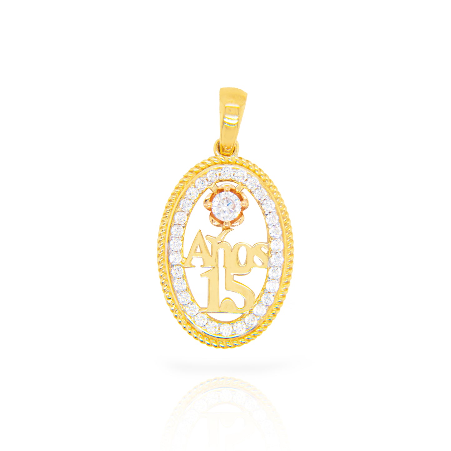14k 2 Tones Gold CZ 15 años Oval Pendant
