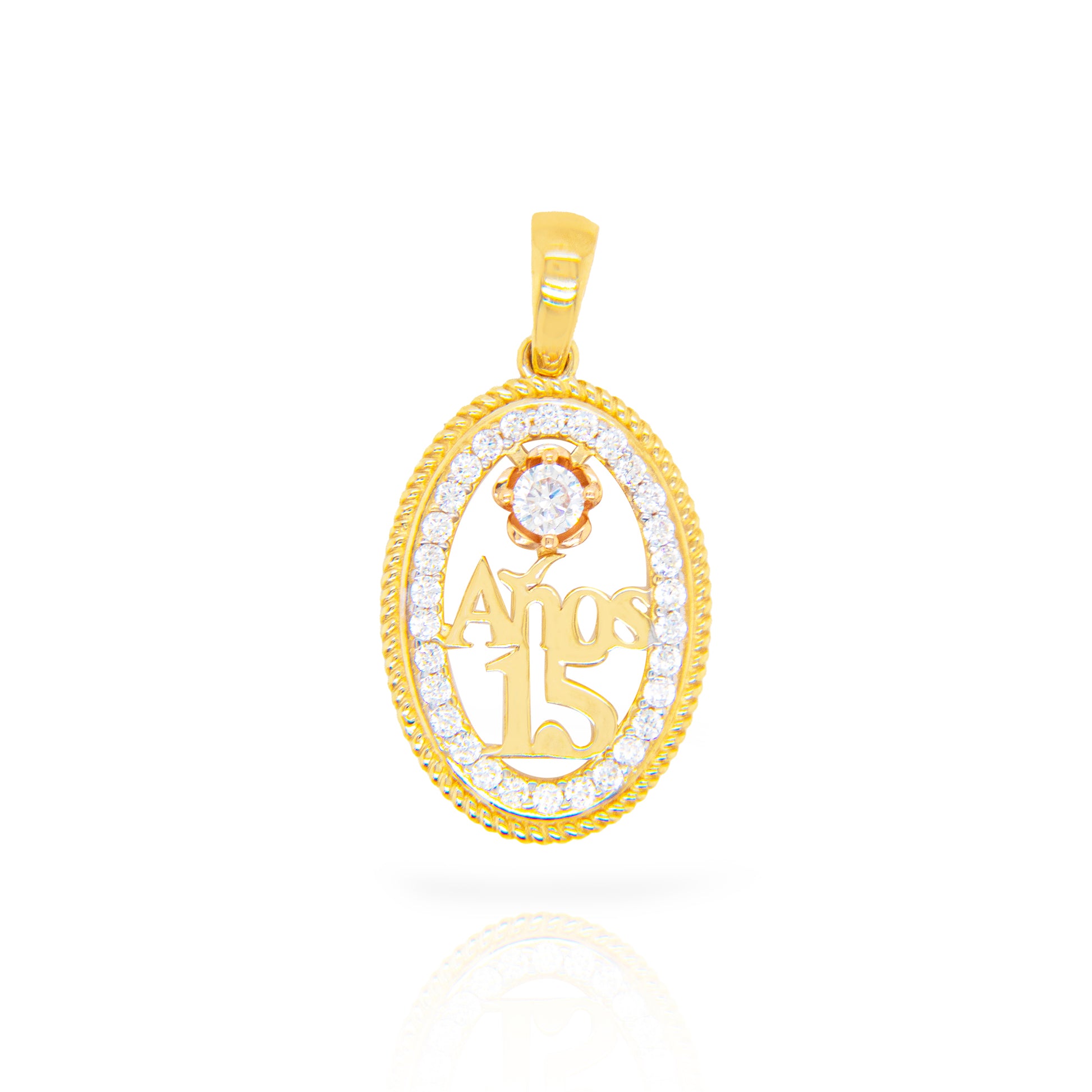 14k 2 Tones Gold CZ 15 años Oval Pendant