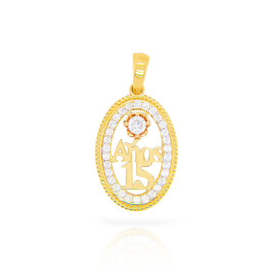 14k 2 Tones Gold CZ 15 años Oval Pendant