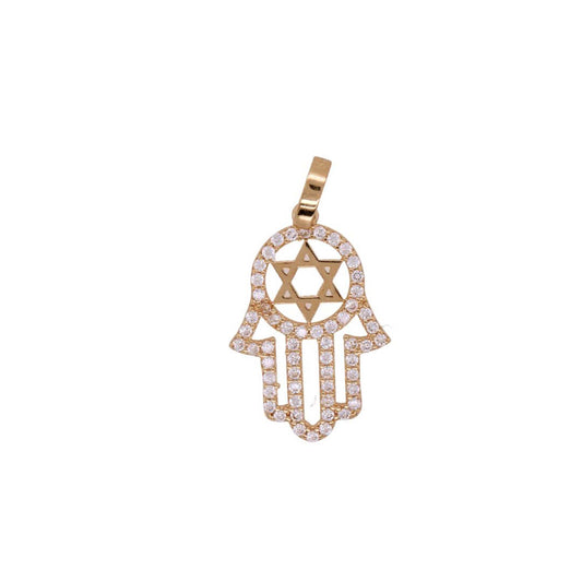 14k Yellow Gold CZ Hamsa and Star of David Pendant