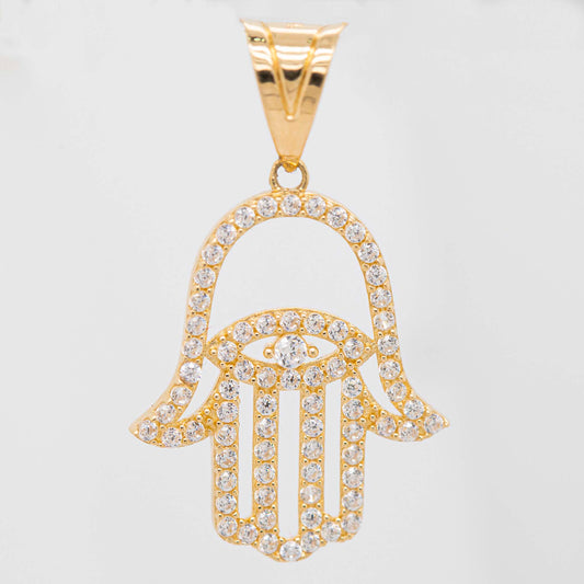 14k Yellow Gold CZ Evil Eye and Hamsa Pendant