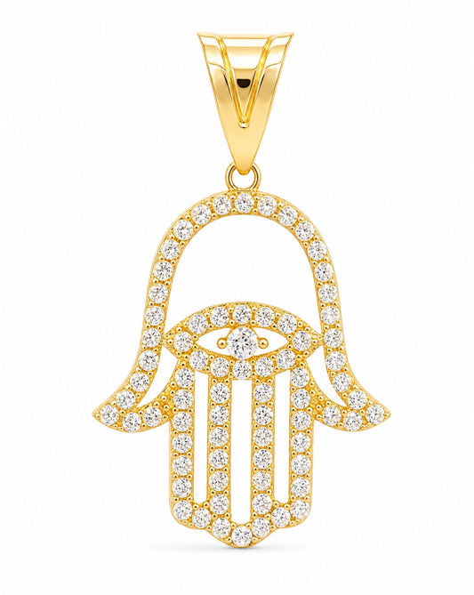 14k Yellow Gold CZ Evil Eye and Hamsa Pendant