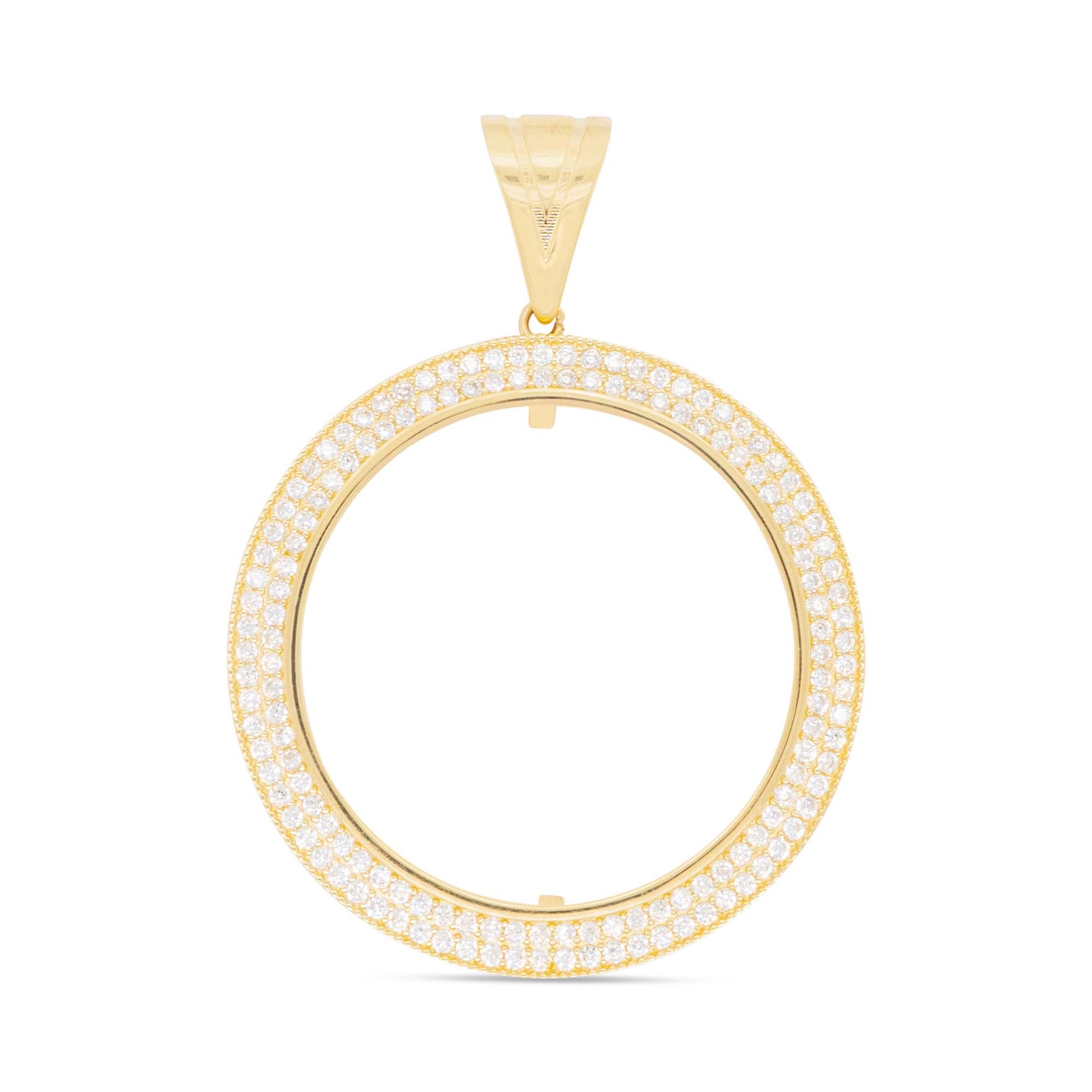 14K Yellow Gold Round Coin Pave CZ Picture Men's Pendant