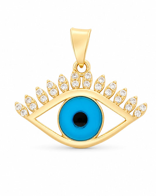 14k Yellow Gold Blue Evil Eye with Eyelashes Pendant