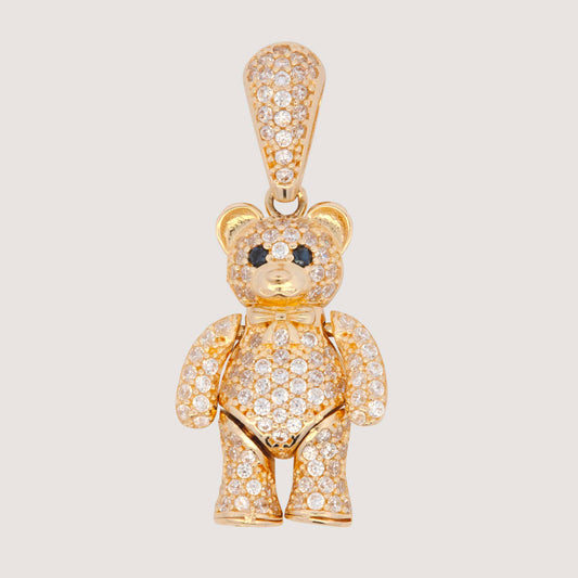 14K Yellow Gold CZ Small 3D Teddy Bear Pendant