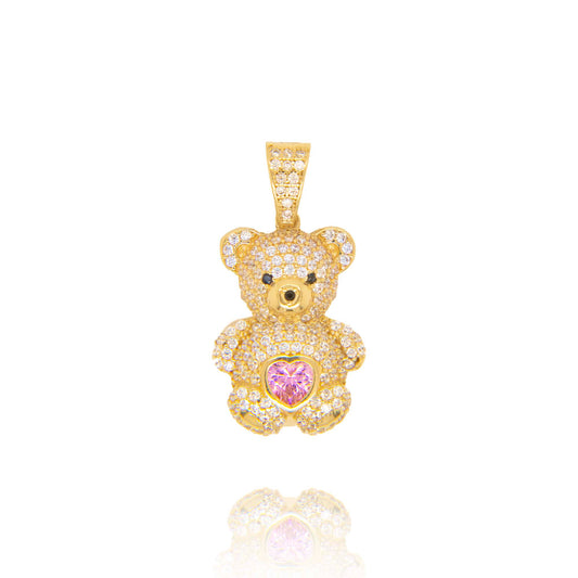 14K Yellow Gold Pink CZ Teddy Bear Pendant