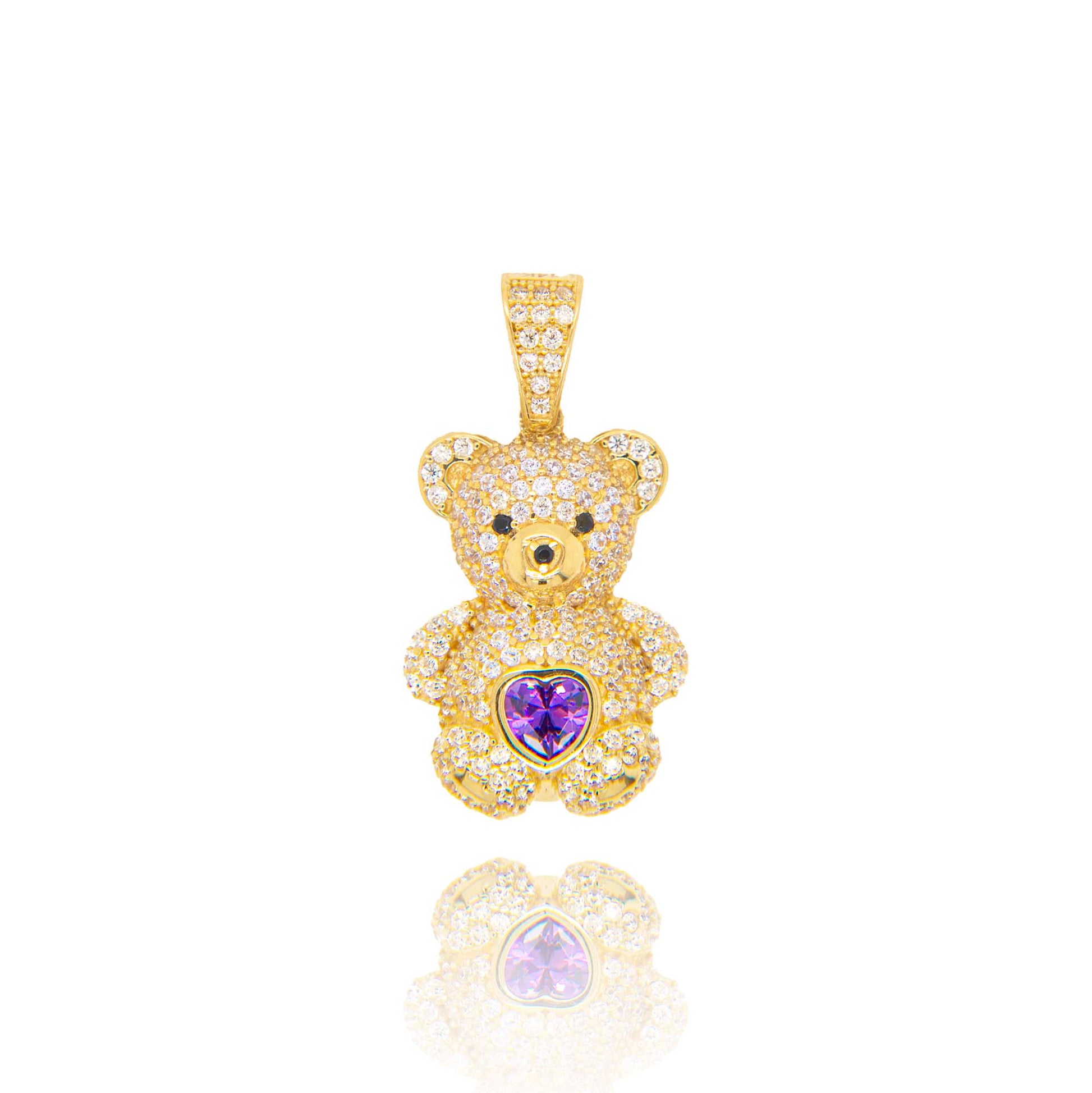 14K Yellow Gold Purple CZ Teddy Bear Pendant