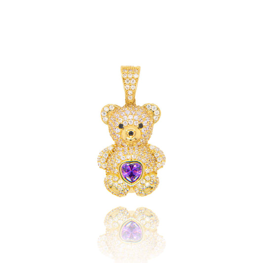 14K Yellow Gold Purple CZ Teddy Bear Pendant