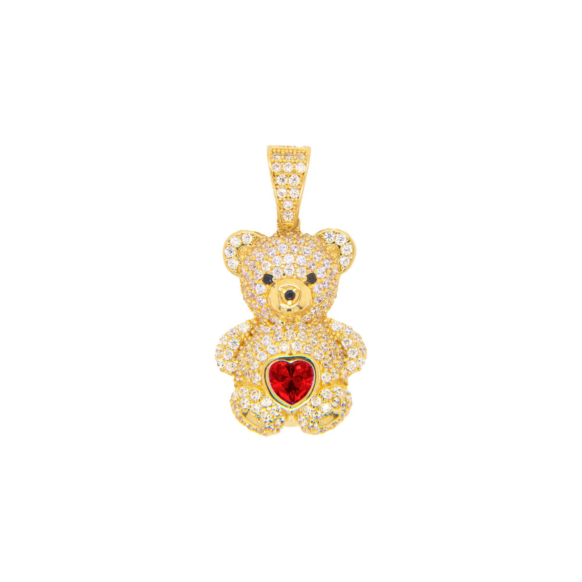 14K Yellow Gold Red CZ Teddy Bear Pendant