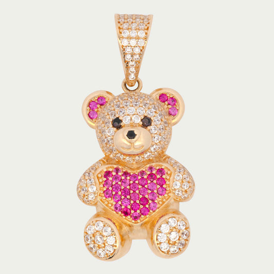 14K Yellow Gold White and Red CZ Teddy Bear Pendant
