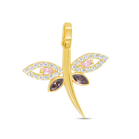 14K Yellow Gold Red and Purple Dragonfly Pendant