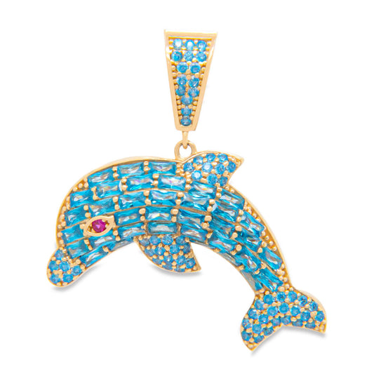 14K Yellow Gold CZ Blue Dolphin Pendant