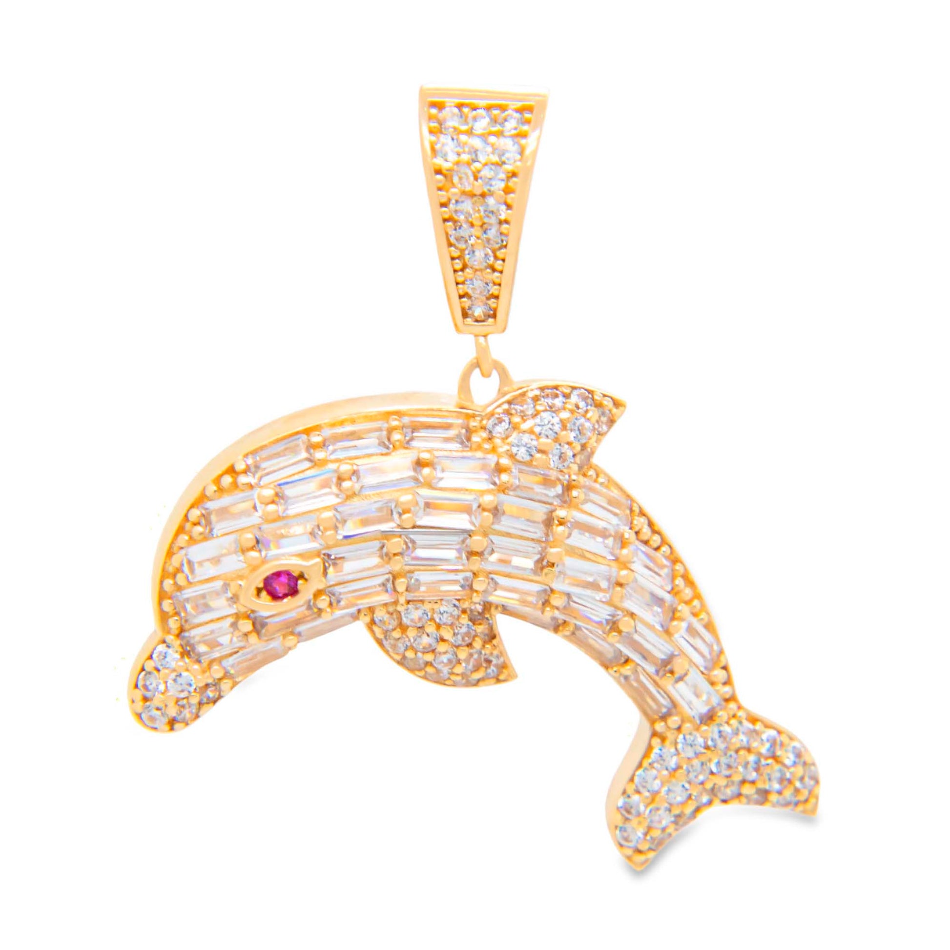 14K Yellow Gold CZ White Dolphin Pendant