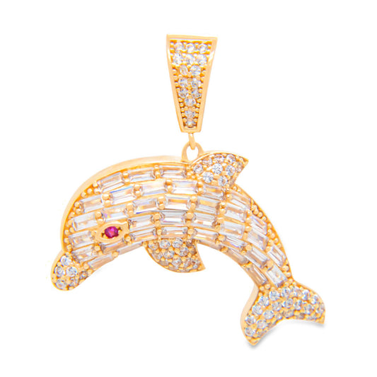 14K Yellow Gold CZ White Dolphin Pendant