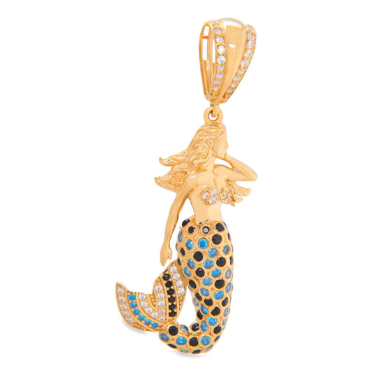 14K Yellow Gold Blue CZ Mermaid Pendant