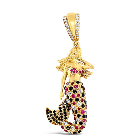14K Yellow Gold Red CZ Mermaid Pendant