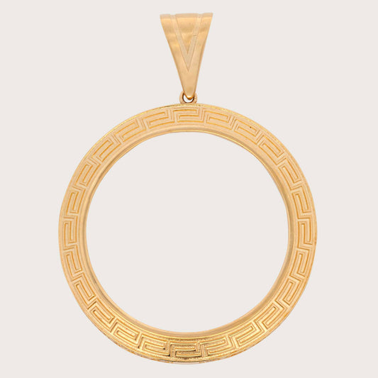 14K Yellow Gold Round Coin Bezel Greek Key Picture Men's Pendant