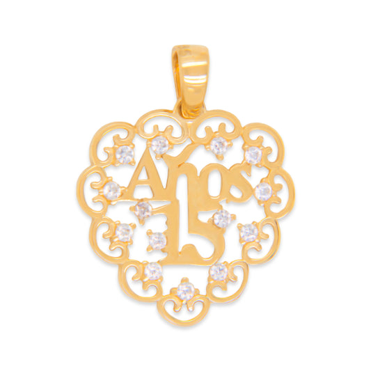 14k Yellow Gold CZ 15 años Heart Pendant