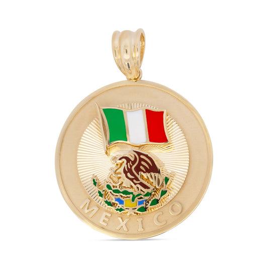 14K Yellow Gold Round Mexican Flag Enamel Men's Pendant