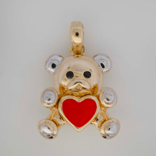 14K 2 Tones Gold Red Heart Teddy Bear Pendant