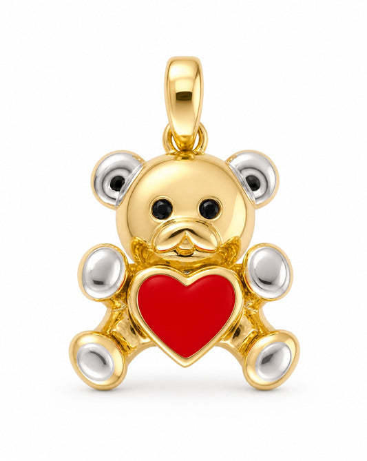 14K 2 Tones Gold Red Heart Teddy Bear Pendant