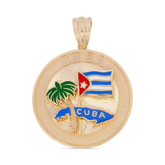14K Yellow Gold Round Cuban Flag Enamel Men's Pendant