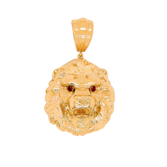 14K Yellow Gold Red Eyes Lion Head Pendant