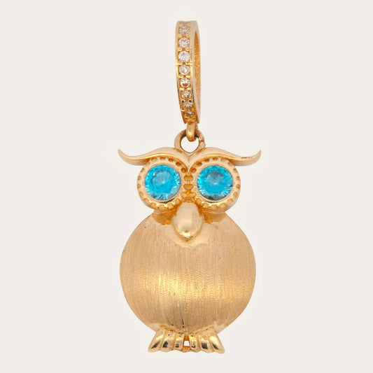 14k Yellow Gold Small Blue Eyes Owl Pendant