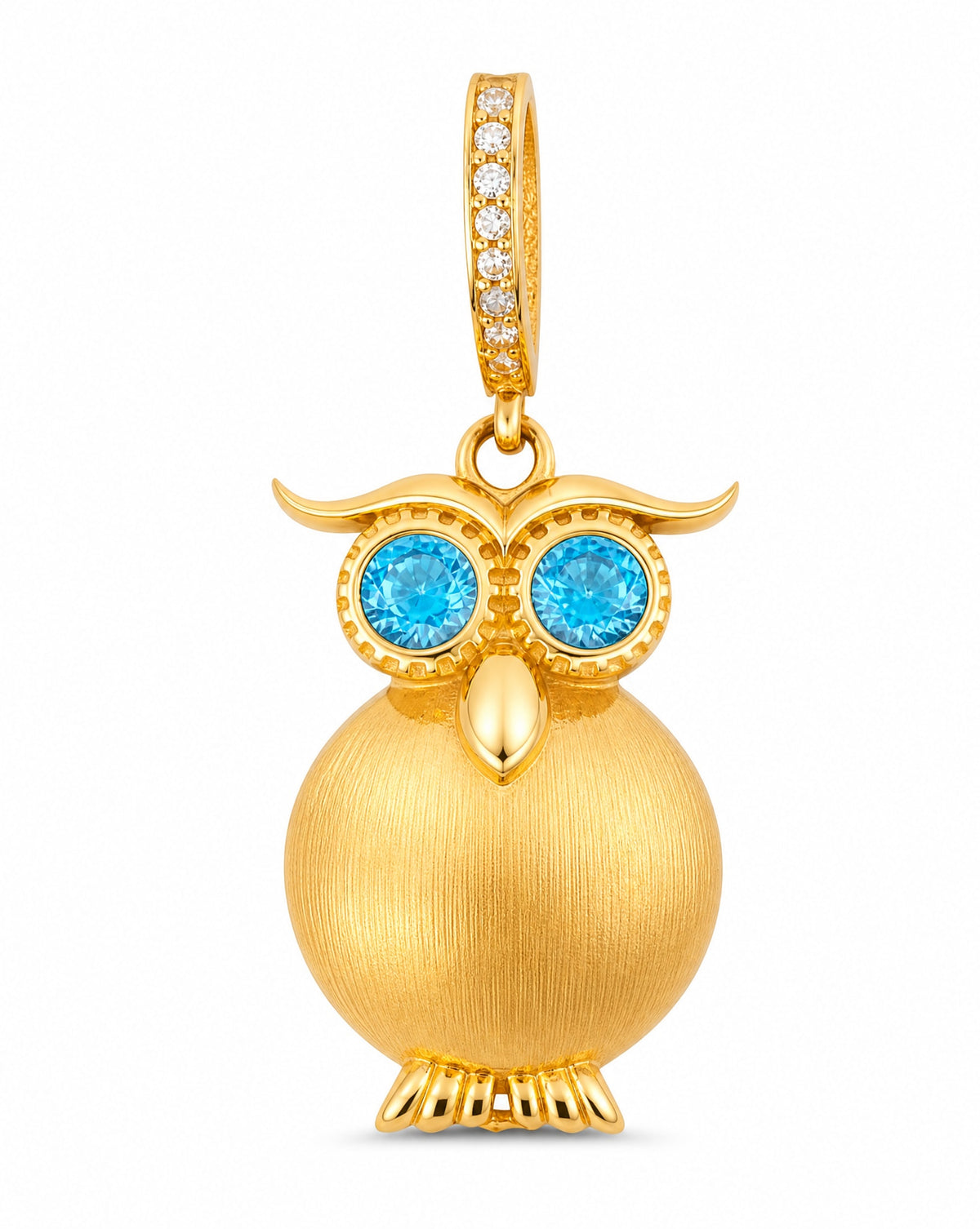 14k Yellow Gold Medium Blue Eyes Owl Pendant