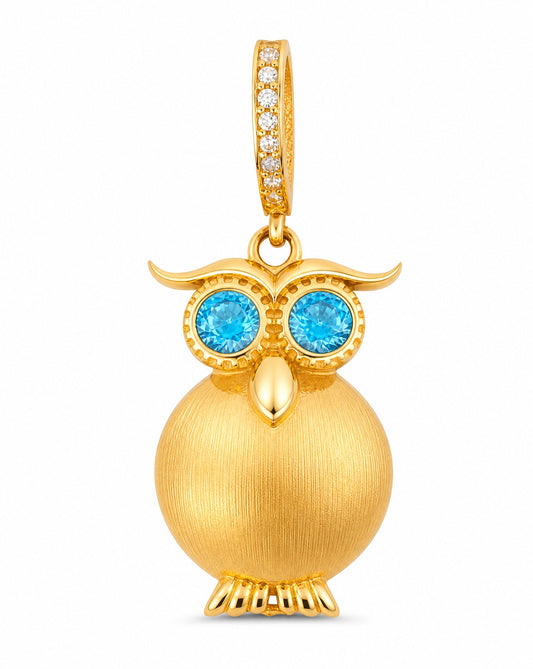 14k Yellow Gold Medium Blue Eyes Owl Pendant