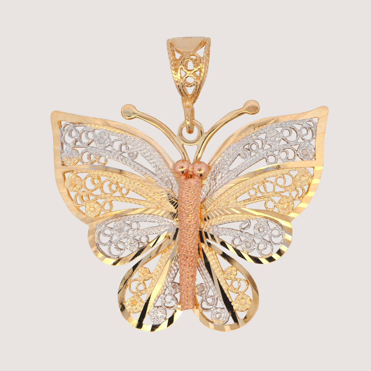 14k Tri Color Gold Butterfly Pendant